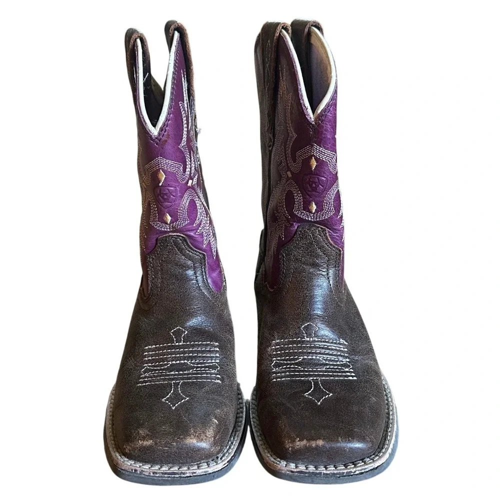 Ariat Brown Purple Leather Square Toe Western Cowboy Boots Kid's  12